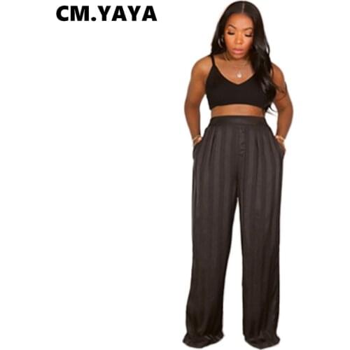CM.YAYA Women Pants Solid Mid Waist Loose Straight Wide Leg Long Maxi Pants with Pockets Office Lady Vintage Trousers Summer
