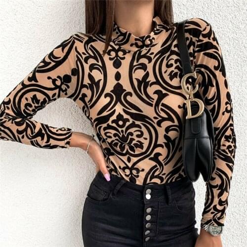 Leopard Floral Sexy fashion women Tee top Pullover Long sleeve High neck Club Casual style Fall clothes Turtleneck Slim T-shirts