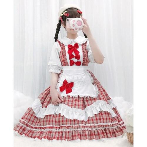 Japanese loli maid soft sister dress cute girl suspender dress red plaid high waist victorian dress kawaii girl gothic lolita