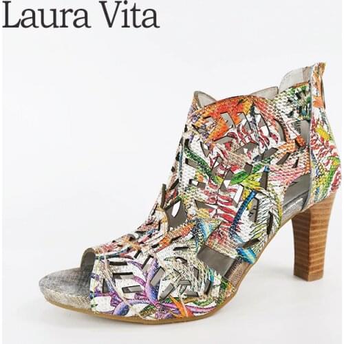 Laura Vita New Stylish Hollow Peep Toe Buckle Strap High Heel Sandals Boots Women Shoes Woman Block High Heels Genuine leather