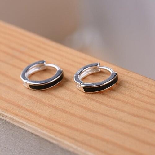 Black Enamel Round Earrings 925 Sterling Silver Double Circles Clip Earrings For Women Birthday Gifts