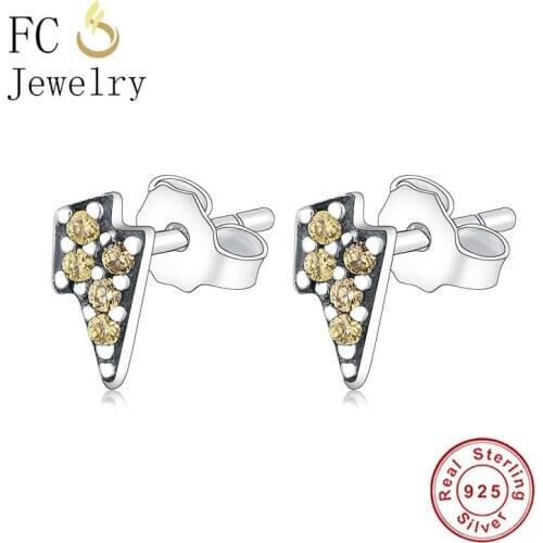 FC Jewelry 100% 925 Silver Simple Small Lightning Bolt Yellow Zirconia Geometric Stud Earrings For Women Minimalist Brincos 2020
