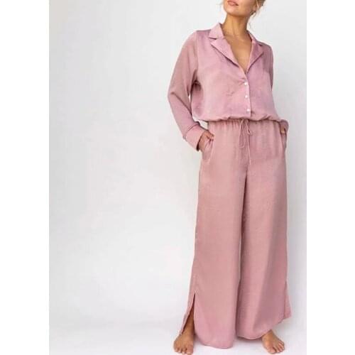 Women Solid Silk Two Piece Set Elegant Notched Drawstring Shirt Top And Split Wide Leg Pants Suits Casual Loose Ladies Clothing