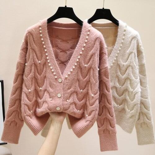 Sweet Beaded V-neck Knitted Cardigan Womens Spring 2020 New Fashion All-match Knitted Outer Wear Sweater