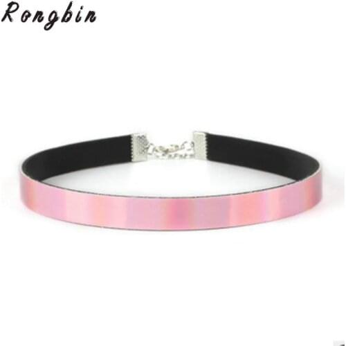 Trendy Holographic Choker Necklace Women 2017 PU Leather Maxi Chocker Handmade Laser Chocker Rainbow Punk Gothic Necklace