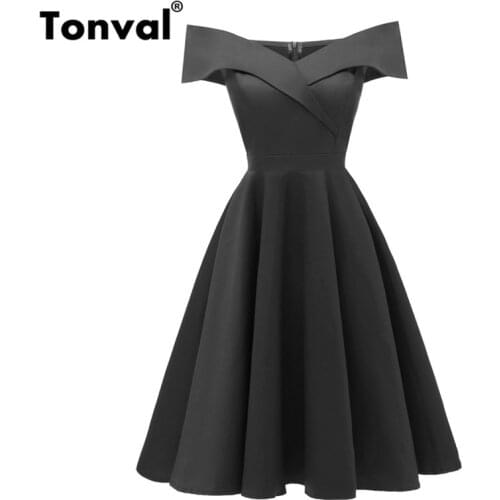 Tonval Vintage Criss Cross Off the Shoulder Party Sexy Dress Black Elegant Solid Tunic Dress Women A Line Cotton Dresses