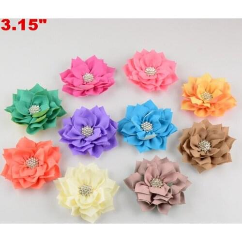 100pcs/lot 3'' Multilayer Angle Rhinestone Headdress Flower Kids Fabric Flower DIY K Hair Accessories Lotu Craft Fake FlowerS