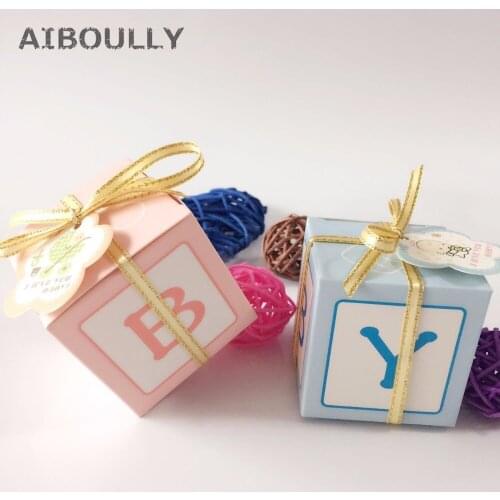 50pcs/pack DIY Pink Blue Lovely Shower Baby Candy Box Letter BABY Printed Gift Box Golden Ribbon Card for Kids Party Christmas