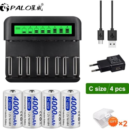 PALO 1.2V Nimh C size Rechargeable Battery 4000mah Type C Battery+LCD Battery Charger for 1.2v NIMH AA AAA C D Type Battery