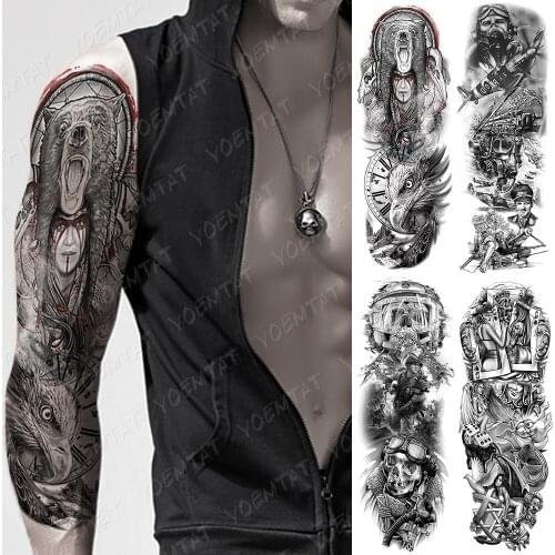 Large Arm Sleeve Tattoo Airplane soldier Pilot Waterproof Temporary Tatto Sticker Sailing Compass Body Art Full Fake Tatoo Women
