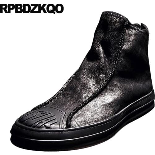 Black Harajuku Ankle Full Grain High Sole Top Boots Thick Soled Trainer Men Slip On Casual Shoes Booties Winter Faux Fur Lined