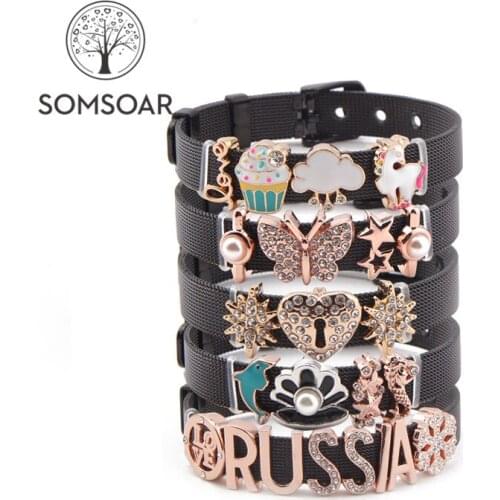 Dropshipping Somsoar Jewelry Black Mesh Bracelet set Stainless steel DIY Charmbands Bracelet Bangle with hot charms as gift