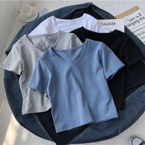 Short Length Woman T shirts Solid Color Short Sleeve V Neck Women Tops Tees Casual Slim Women T-shirt