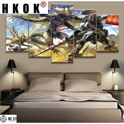 HKOK Wholesale Wall Art Animation Poster Wall For Home Canvas Gundam Home Decor Modular Canvas Painting Picture 5 Piece Gundam