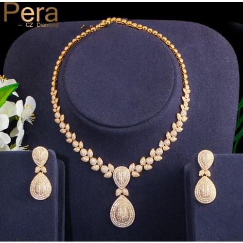 Pera Elegant Dubai Women Pear Drop Jewelry Sets Bridal Cubic Zirconia Pendant Necklace and Earrings Set For Wedding Gift J221