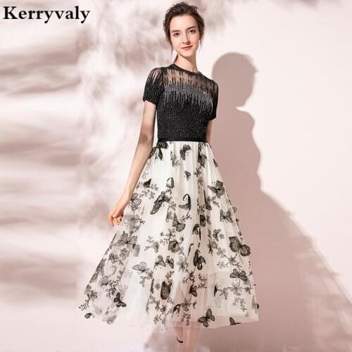 New 2 Piece Set Women Rhinestone Bright Knitted Tops + Stereo Butterfly Embroidered Elastic Gauze Skirt Set Sukienki K6920