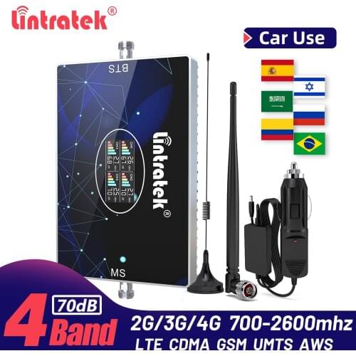 Lintratek Car Use Four Band Signal Amplifier Repeater CDMA 850 GSM 900 2G 3G UMTS 2100 4G LTE 2600 700 B28 Cellular Booster Kit
