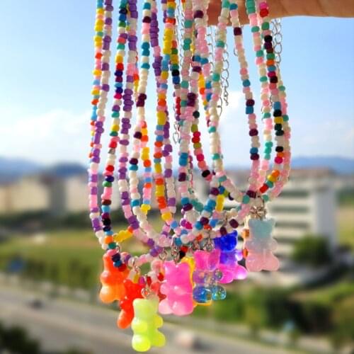 2021 New Rainbow Color Resin Gummy Bear Beaded Necklace for Women Girls Handmade Beads Chain Choker Necklace Korean Cute Jewelry