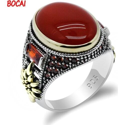 New red gemstone mens ring 925 sterling silver Middle East two-tone agate ring