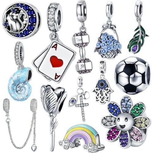 Original Silver 925 Charm CZ Firefly Rainbow Pendant Dumbbell Football Jewelry fit Brand Bracelet DIY Beads Playing Card Jewelry