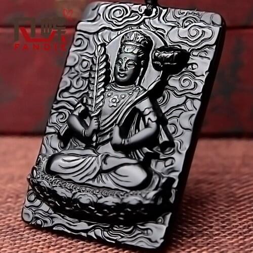 Natural Black Obsidian Bead Necklace Hand-Carved Buddha Jade Pendant Fashion Charm Jewelry for Man Women Auspicious Amulet Gifts