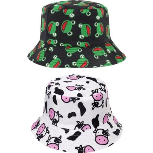 Cute Cow Frog Cartoon Print Bucket Unisex Sun Protection Portable Lightweight Breathable Double Side Sun Hat