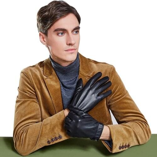 Real Leather Men Gloves Winter Pus Velvet Thicken Warm Fashion Black Driving Sheepskin Gloves Male Touch Screen ZX8022