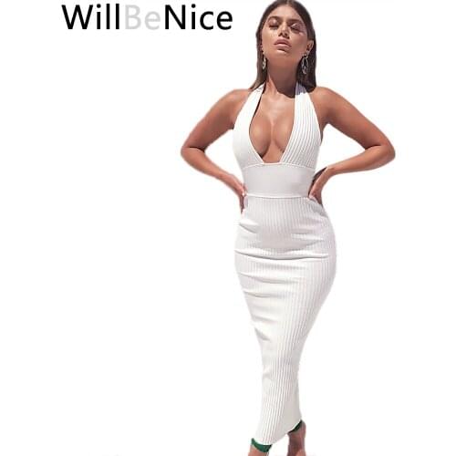 WillBeNice Womens Sexy Bandage Dresses 2018 Club Wear Halter Backless Midi Deep V Bodycon Longo Celebridades Bandage Dresses