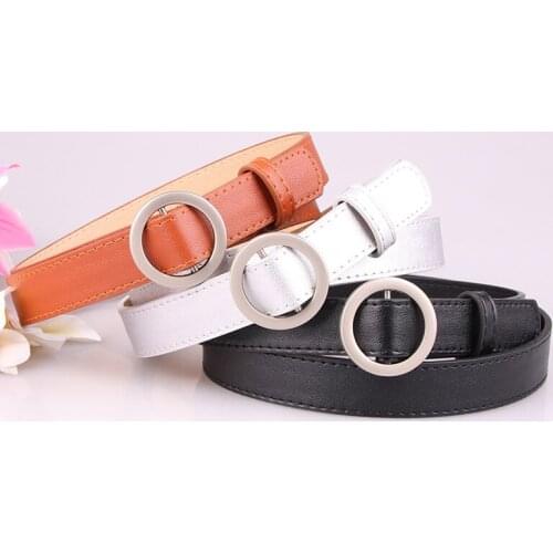 New Womens Leather Belt Round Metal Buckle Casual Waist Belt Silver Buckle Retro Ladies Narrow Strap Fashion Dress Jeans Belt