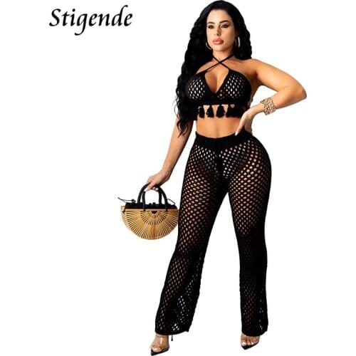 Stigende Women Knitted Two Piece Swimwear Crochet Cover Up Pants Summer Drawstring Wide Leg Beach Trousers and Fringe Tassel Bra