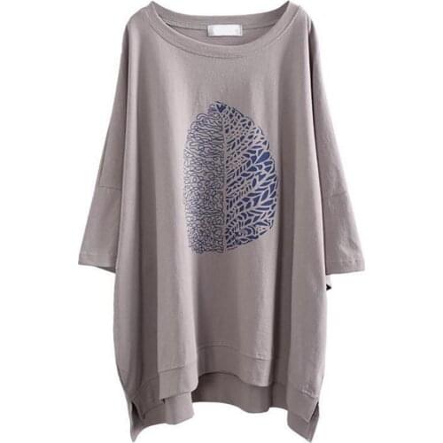 Women Casual 3/4 Sleeve O Neck Leaf Print High Low Hem Loose T-shirt Top Blouse Women Clothing женское платье