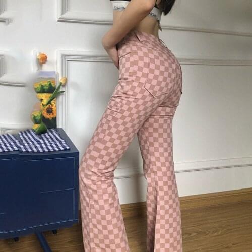 Women Autumn And Winter Retro Pink Checkerboard High Waist Slimming Micro Flared Trousers Fashion Casual Sexy Hot-girls Pants