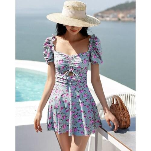 Plus Size Swimwear One Piece Swimsuit With High Waist Retro Beach Women Sexy Swim Suits 2021 Blue Fragmentary Flower Fairy