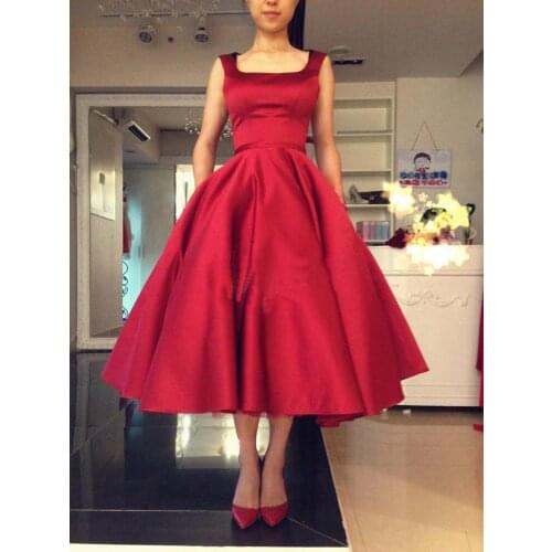 Short Red Prom Dress Tea Length Satin Square Neck Backless Big Bow Back Sleeveless A Line 2019 Fashion Women Formal Party Gowns