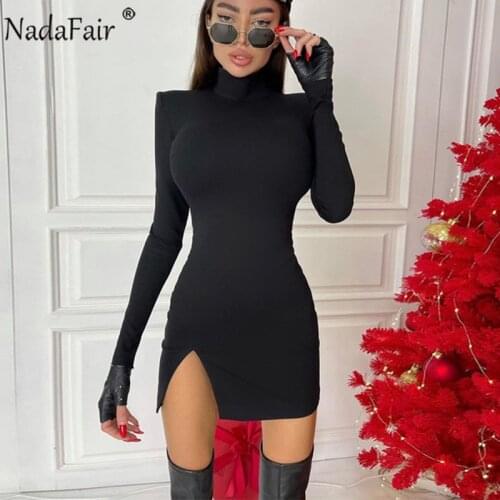 Nadafair High Neck Long Sleeve Mini Dress Women Black Sexy Split Short Wrap Club Bodycon Dress Party Night