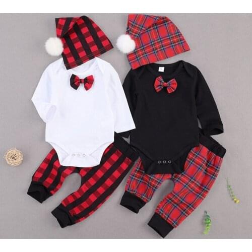 2020 Pudcoco 0-24M Newborn Infant Boy Girl Solid O-neck Long Sleeve Top with Bow +Plaid Long Trousers + Hat 3Pcs Outfits Sets