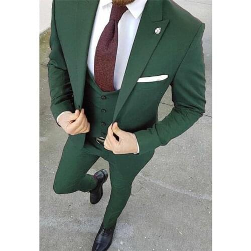 2020 Green Groom Tuxedos Groomsmen Peak Lapel Custom Made One Button Men Suits Prom Dinner Best Man Blazer ( Jacket+Pants+Vest)