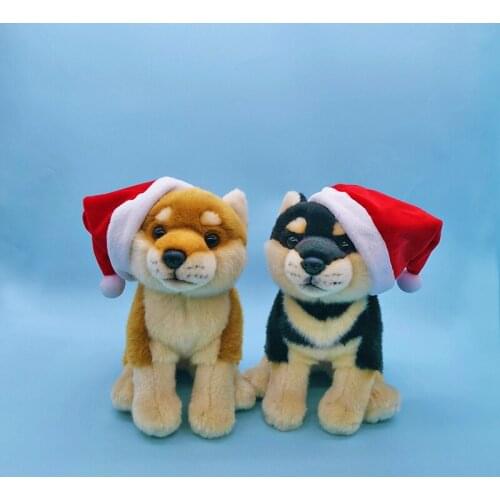 24CM Real Life Yellow Shiba Inu Plush Toy W/ Red Hat Lifelike Black Japanese Black Dog Puppy Stuffed Animal Toys Gifts