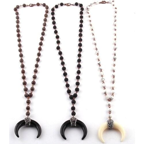 Free Shipping Fashion Bohemian Tribal Jewelry Rosary Chain Black/White Ox Horn Moon Pendant Ethnic Necklace