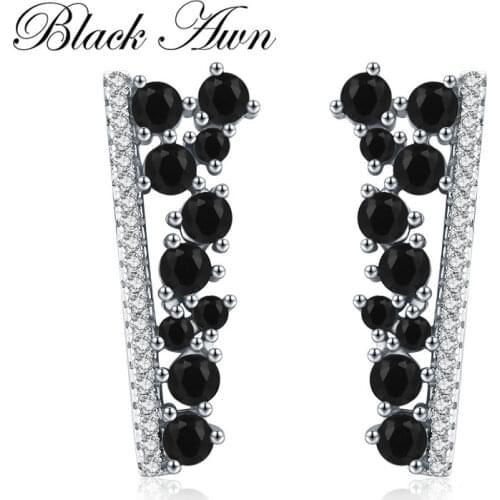 [BLACK AWN] Fine Jewelry 925 Sterling Silver Earrings Black Spinel Tree Wedding Stud Earrings for Women Female Bijoux I055
