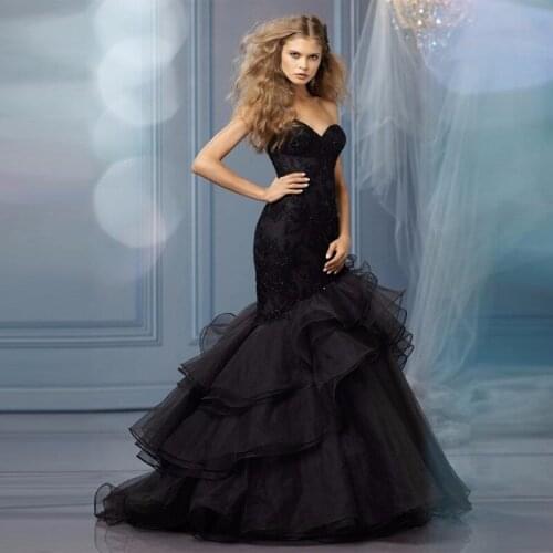 Black Sweetheart Mermaid Evening Formal Gown Tiered Ruffles Pageant Floor Length Dress for Wedding Party