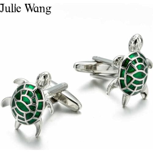 Julie Wang 1 Pair Brass Turtle Cufflinks For Mens French Shirt Cuff Buttons High Quality Green Sleeve Nail Business Gift