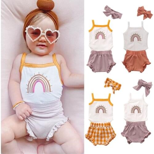 Lioraitiin 0-24M 3Pcs 4Colors Baby Girl Fashion Clothing Set Rainbow Printed Sleeveless Romper Top Plaid Shorts Headband Set