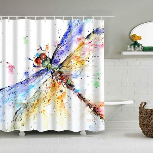 Colorful Dragonfly Shower Curtain Set with 12 Hooks Natural Plants Bathroom Decoration Washable Polyester Fabric
