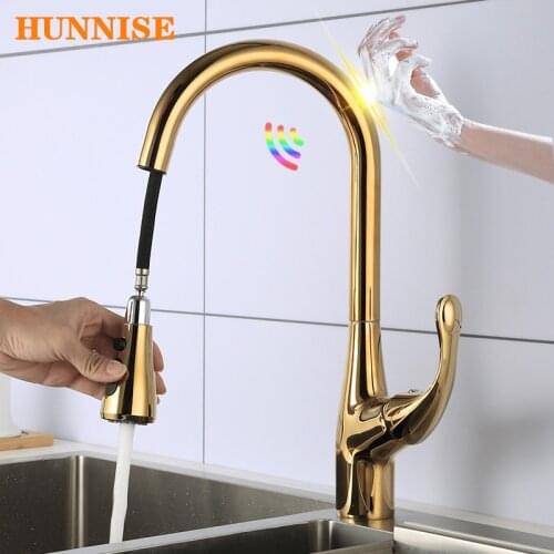 Gold Touch Kitchen Faucets Sensitive Touch Control Pull Out Kitchen Mixer Tap Brass Kitchen Faucet Smart Touch Kitchen Faucets