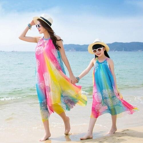 Fashion Summer Vestido Sleeveless Beach Dress Family Clothing Family Look Rainbow Dress Matching Mother Daughter Dress
