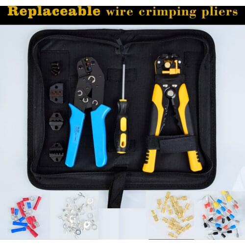 TOOZO Crimping Tool Kit with 5 interchangeable Jaws and Screwdriver Ratcheting Crimper Plier Set Non-Insulated Terminals 0.25-6