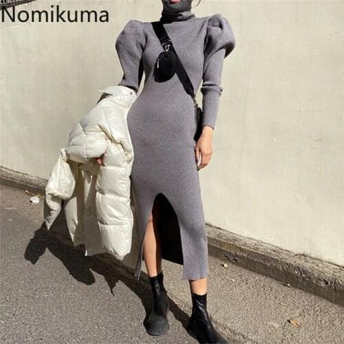 Nomikuma Korean Turtleneck Slim Split Knitted Dresses Women Puff Long Sleeve Sweater Dress 2020 Stretch Bodycorn Vestidos 6D211