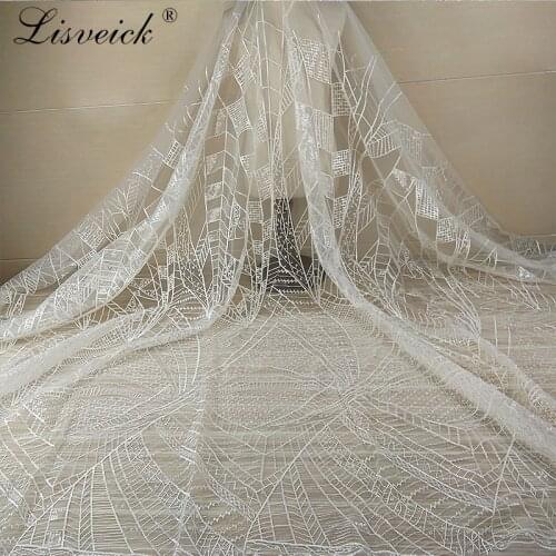 New 1yard diy Handmade tulle Lace Fabric white sequins Embroidered African French Lace for wedding/evening / party dress