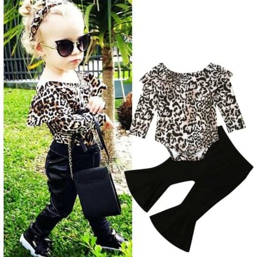 Baby Girls Autumn Leopard Romper Tops+Long Wide Leg Pants Clothes Set